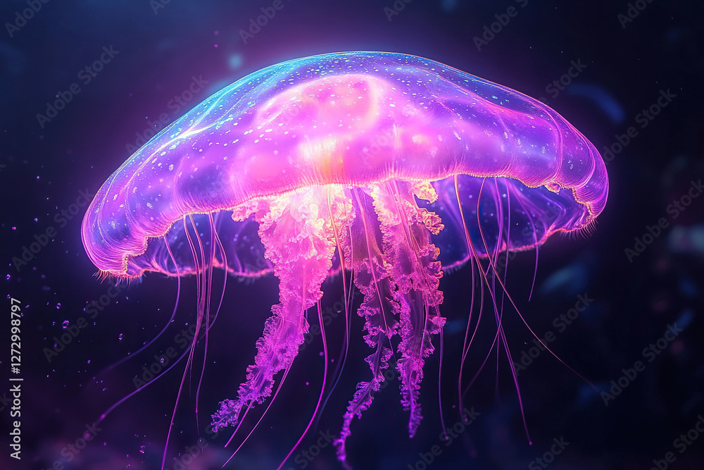 Naklejka premium Big bright fluorescent jellyfish glows underwater. Fantastic hypnotic mystical dance.