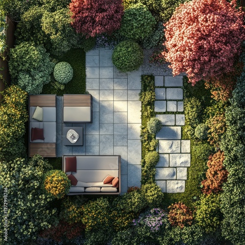 Aerial view of a landscaped patio with outdoor furniture, sunlight, and colorful trees. Ideal for home design, real estate, and garden inspiration photo