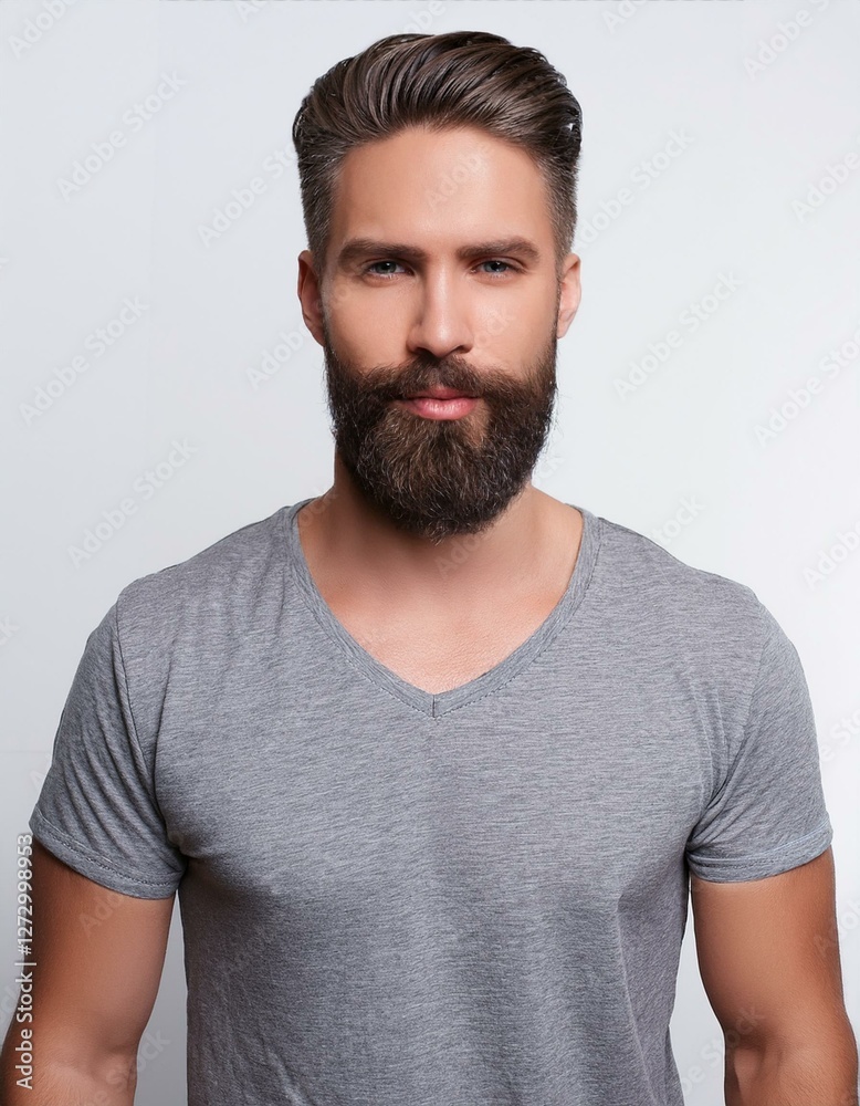 Man with beard grey t-shirt Man with beard grey t-shirt