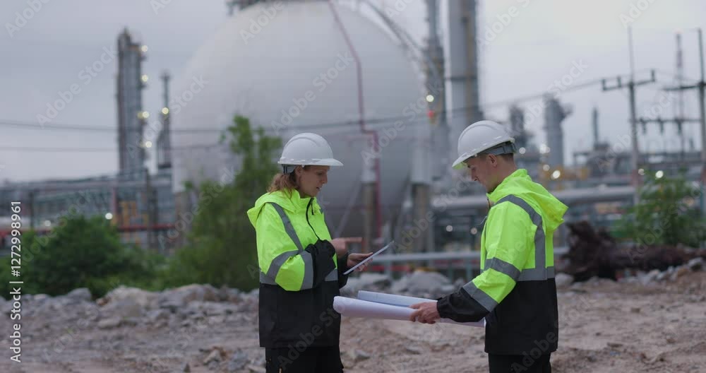 Engineer worker using tablet and blueprint checking petrochemical factory or refinery oil plant industrial. Survey and inspecting for safety and quality of the production concept, 4k video. Engineer worker using tablet and blueprint checking petrochemical factory or refinery oil plant industrial. Survey and inspecting for safety and quality of the production concept, 4k video.