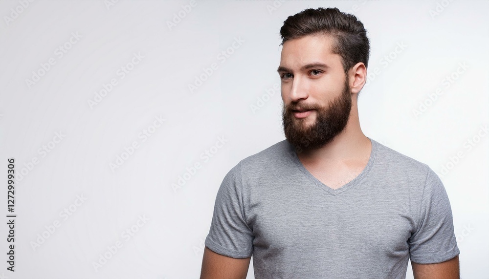 Man with beard grey t-shirt Man with beard grey t-shirt
