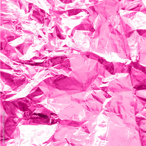 Pink crumpled foil background. Vector illustration of paper or film with shiny, iridescent texture.