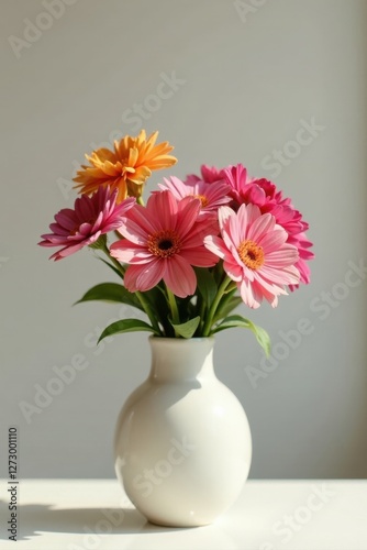 Wallpaper Mural A sunlit bouquet of vibrant pink and orange gerbera daisies arranged in a simple, elegant white vase, creating a serene and cheerful atmosphere. Torontodigital.ca
