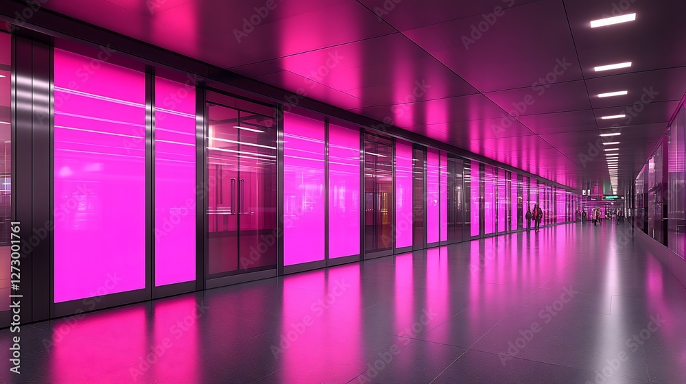 Fototapeta premium Vibrant Pink Neon Lights Illuminate Modern Corridor. AI Generated