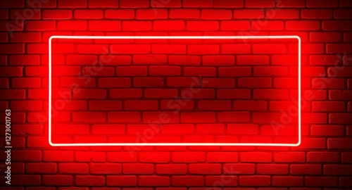Bright red neon frame glowing on a red brick wall
