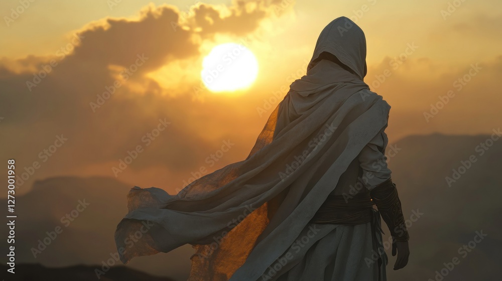 A cloaked figure stands on a mountain peak at sunset, gazing at the horizon with flowing fabric A cloaked figure stands on a mountain peak at sunset, gazing at the horizon with flowing fabric