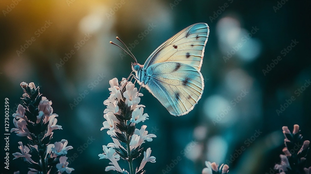 Naklejka premium Pale butterfly on lavender in sunlight.