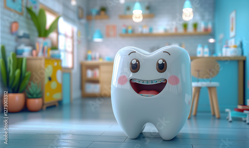 Caricatura, muela feliz con brackets, alineación dientes sanas, seguro dental, higiene bucal, educación infantil, prevención y cuidado, alegre, divertido, fondo consultorio odontológico