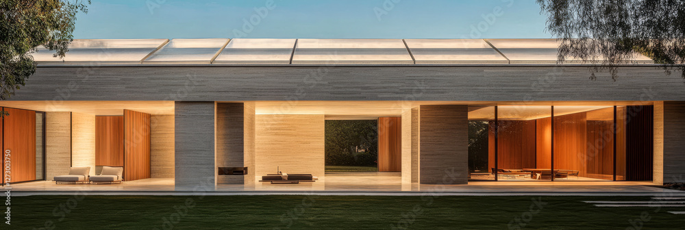 Modern architectural design of a sleek house with expansive glass walls at sunset Modern architectural design of a sleek house with expansive glass walls at sunset