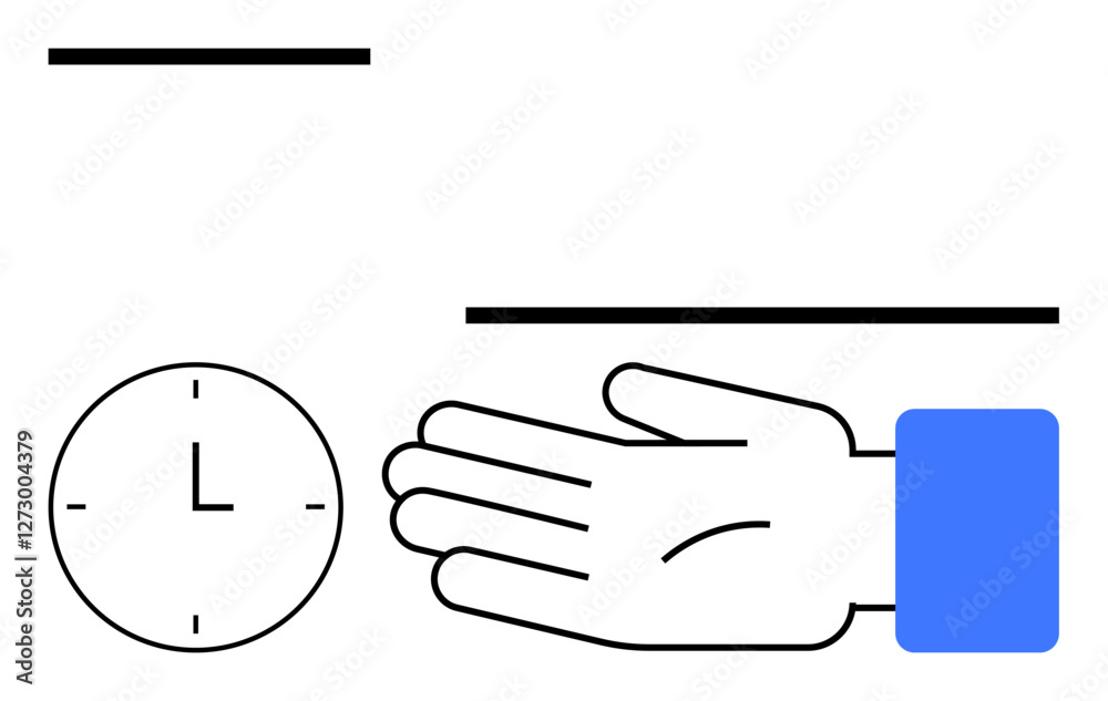 Clock, hand with blue cuff, black lines. Ideal for time management, productivity, deadlines, planning, efficiency organization scheduling. Line metaphor Clock, hand with blue cuff, black lines. Ideal for time management, productivity, deadlines, planning, efficiency organization scheduling. Line metaphor