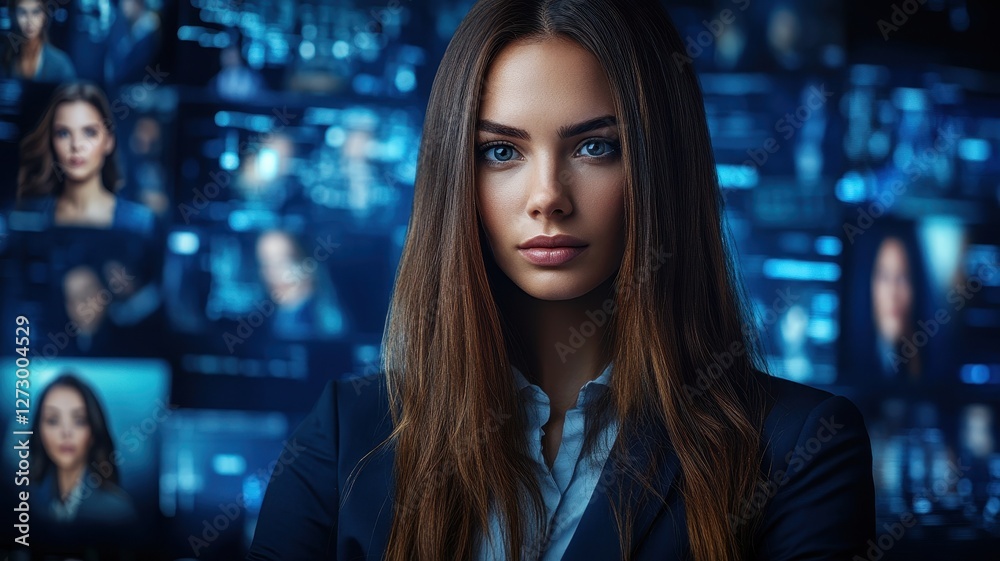 Obraz premium A beautiful businesswoman with long brown hair stands confidently in a modern office, radiating professionalism.