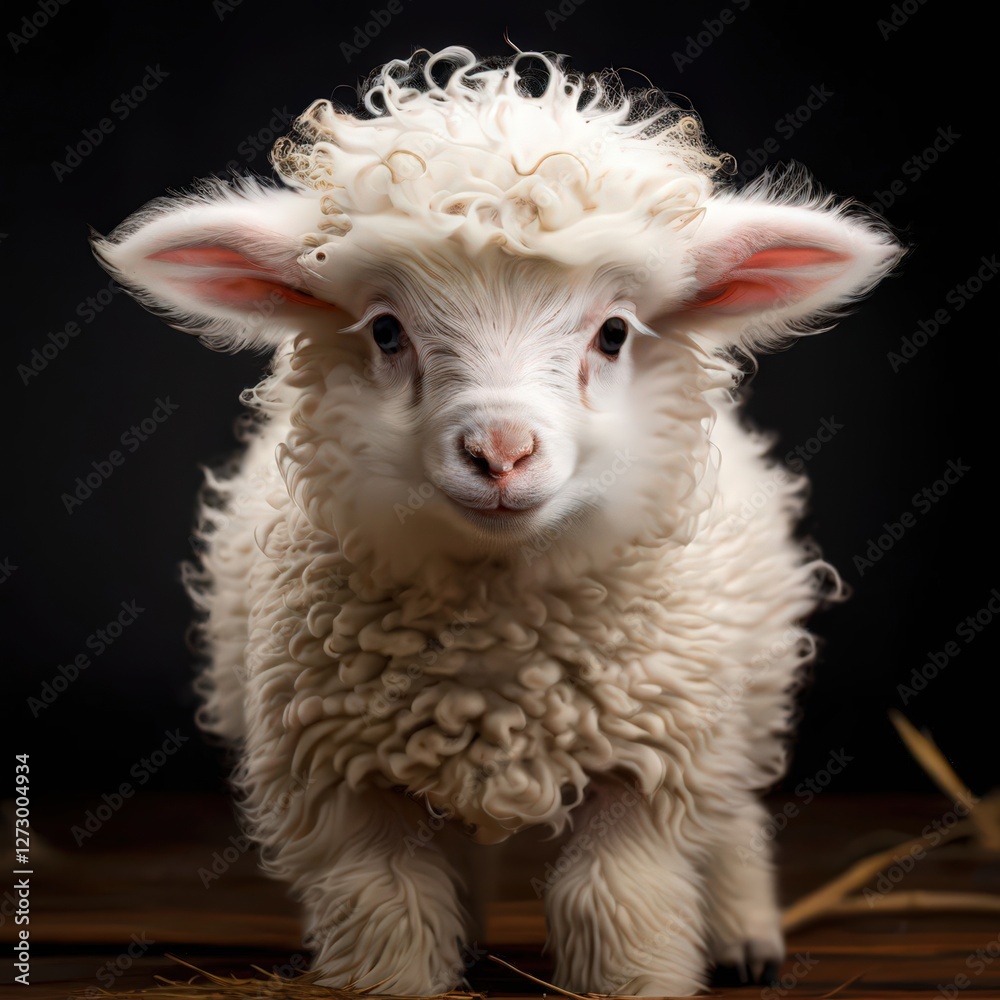Fototapeta premium an AI Image Generator, Cute Curly-Wool Lamb Standing on Wooden