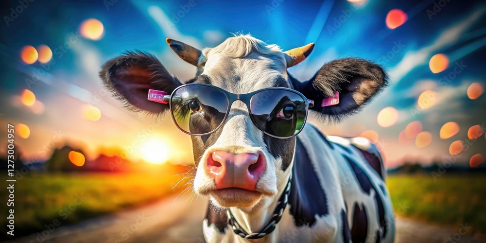 Fototapeta premium Long exposure captures a funny spotted cow, shades on, basking in the farm's sun.