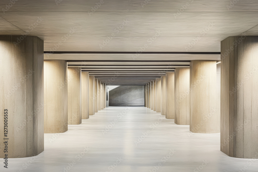 Modern architectural interior featuring concrete pillars and sleek lighting in an urban space Modern architectural interior featuring concrete pillars and sleek lighting in an urban space