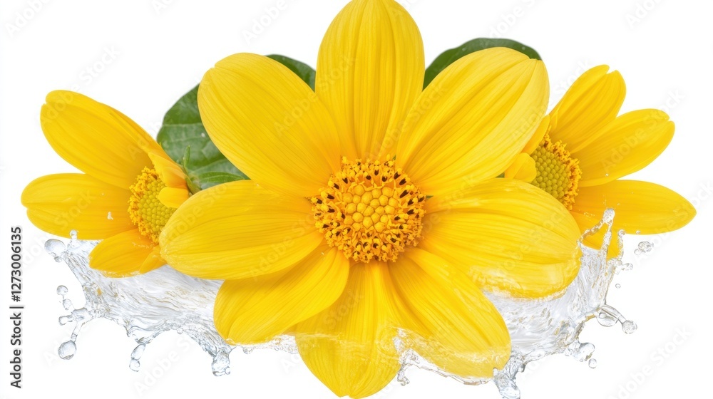 Three Vibrant Yellow Flowers Surrounded by Splashes of Water Against a White Background Three Vibrant Yellow Flowers Surrounded by Splashes of Water Against a White Background