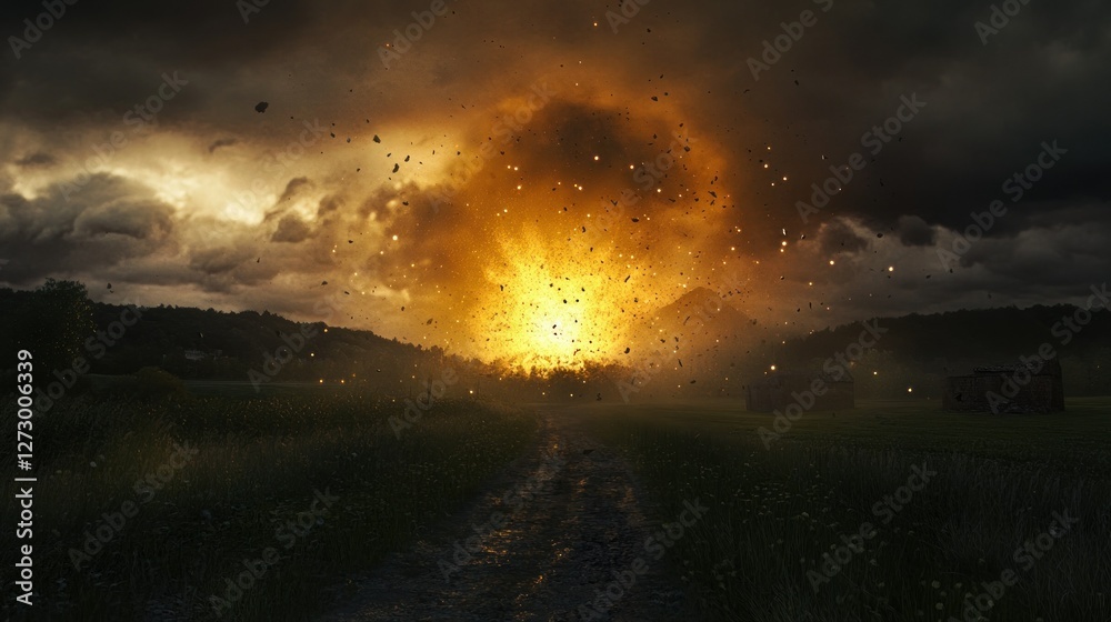 Fototapeta premium Dramatic explosion at sunset illuminating a rural landscape with dark clouds and debris
