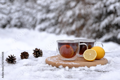 On the snow covered desk stands a wooden tray with a two glass mugs of hot black tea and lemons next to a pine cones against the background of a winter forest landscape.