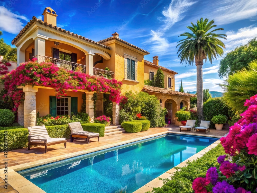 Fototapeta premium Mediterranean estate: luxurious villa, stunning pool views, perfect for an idyllic vacation getaway.