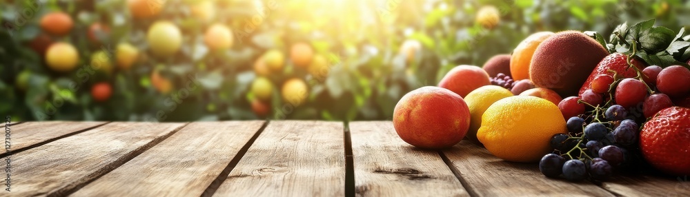 Spacious wooden table adorned with fresh fruits, set against a vibrant, lush fruit field backdrop. Spacious wooden table adorned with fresh fruits, set against a vibrant, lush fruit field backdrop.
