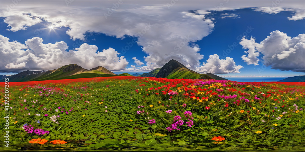 Obraz premium Full 360 degrees seamless spherical panorama HDRI equirectangular projection of A vibrant rainbow-colored field. Texture environment map for lighting and reflection source rendering 3d scenes.