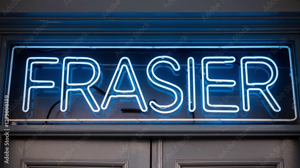 Obraz premium Eye-catching blue neon sign displaying name frasier above doors