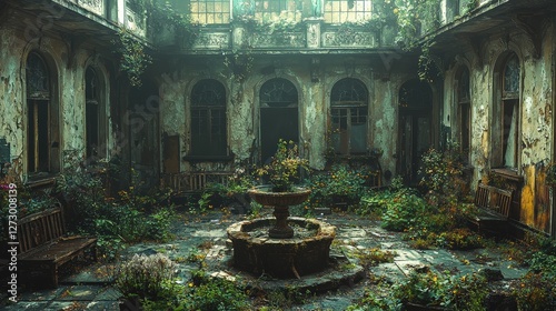 Abandoned urban courtyard interior slung derelict forsaken outcast photo