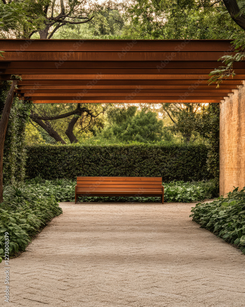 Obraz premium Tranquil bench beneath a wooden pergola in a lush garden with vibrant greenery