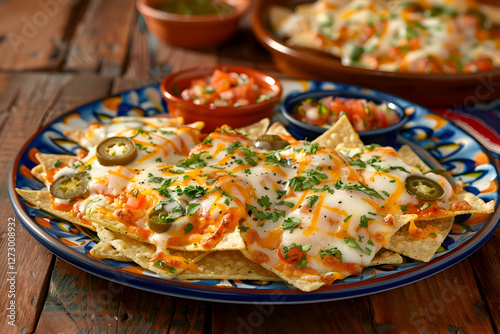 Wallpaper Mural tortilla nachos arranged artistically on a vibrant blue patterned plate Torontodigital.ca