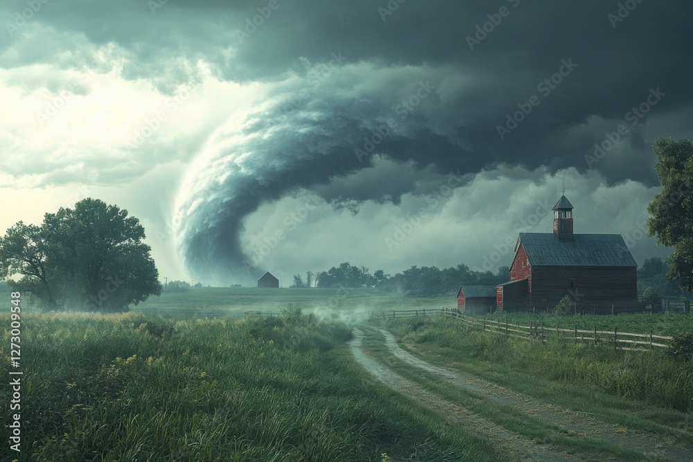 Fototapeta premium Tornado Approaching Rural Farmland, countryside bracing for impact as winds gain strength, survival amidst an extreme weather calamity.