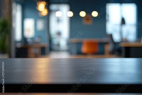 Wallpaper Mural A close-up of an empty table in the foreground, with a blurry office background, blurred focus, and bokeh lights.  Torontodigital.ca