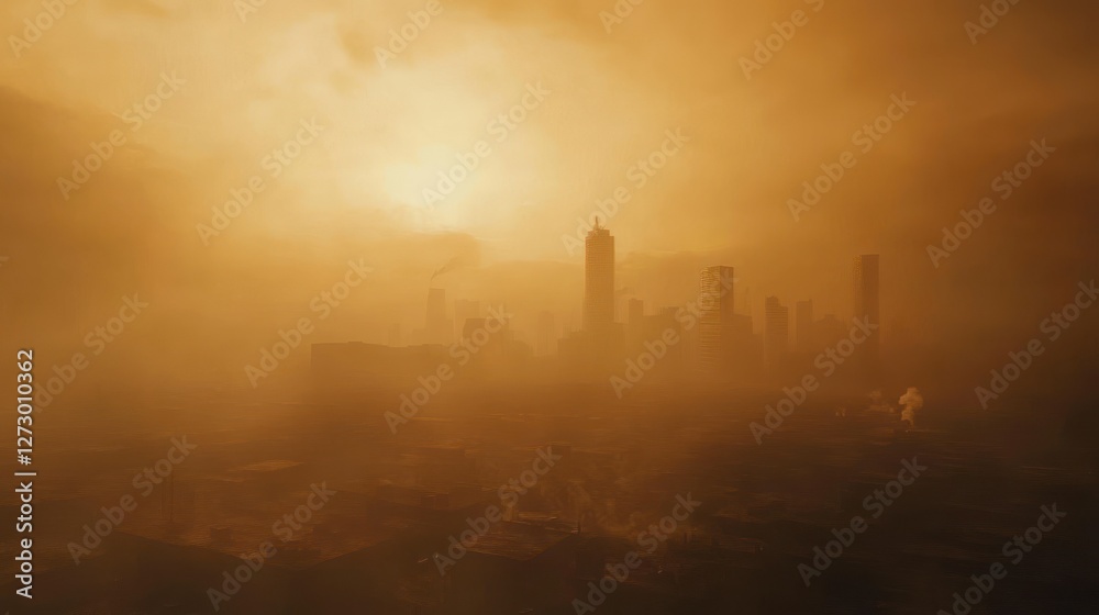 Fototapeta premium A hazy sunset over a city skyline, shrouded in fog, with silhouettes of skyscrapers and distant smoke