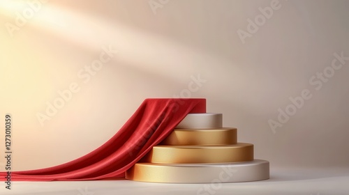 Multi-tiered circular platform with red fabric and soft lighting