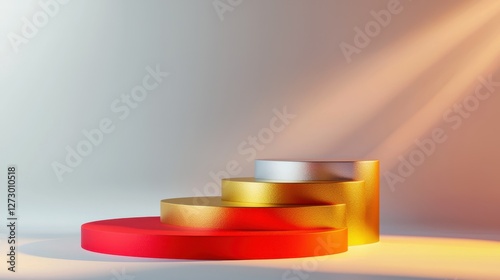 Multi-tiered circular platform with red carpet and warm lighting