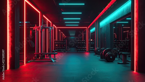 Neon gym corridor with equipment, empty photo