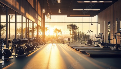 Fototapeta Naklejka Na Ścianę i Meble -  Modern gym interior, sunset view, empty fitness center