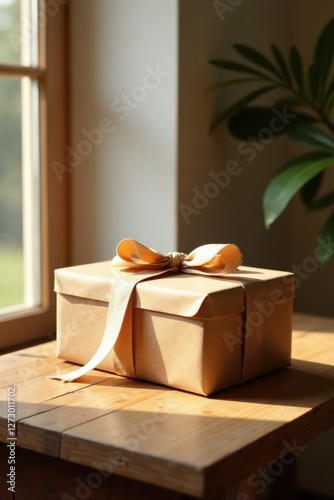 A thoughtfully wrapped present sits on a sunlit wooden surface near a window, bathed in warm light