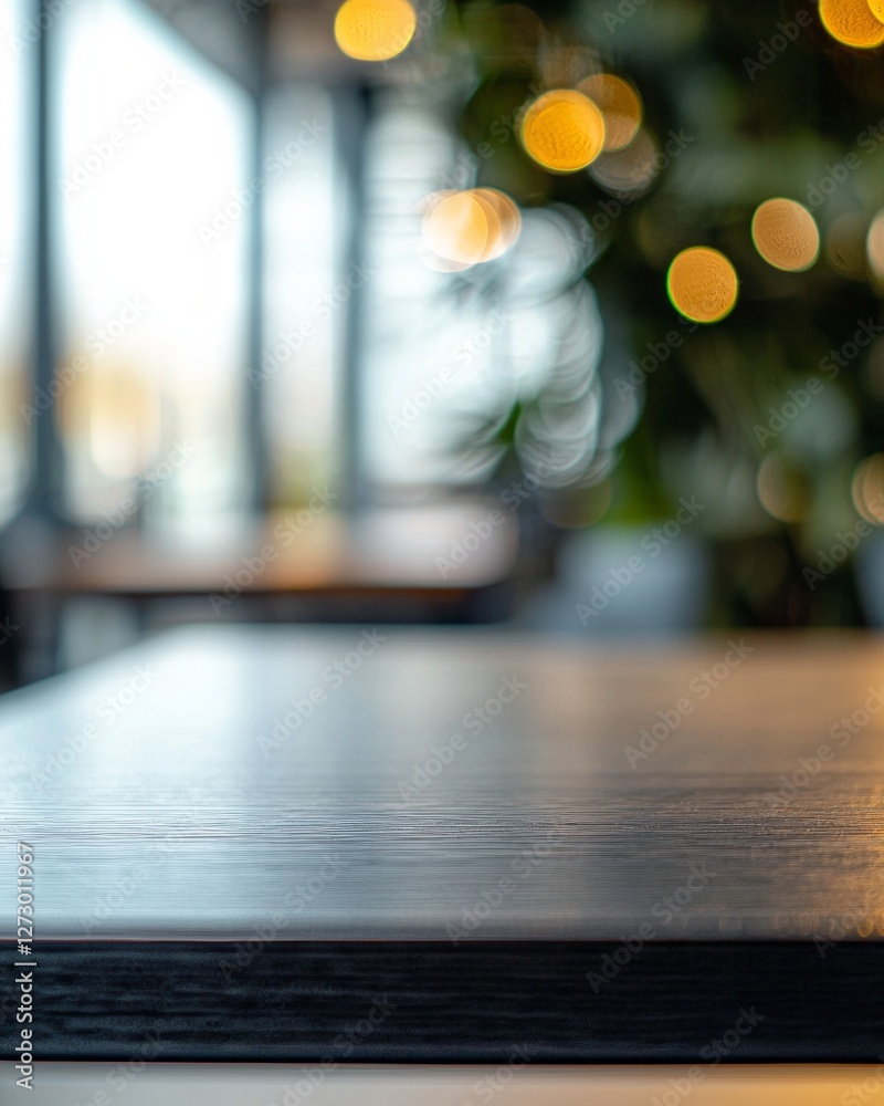 A close-up of an empty table in the foreground, with a blurry office background, blurred focus, and bokeh lights. A close-up of an empty table in the foreground, with a blurry office background, blurred focus, and bokeh lights.