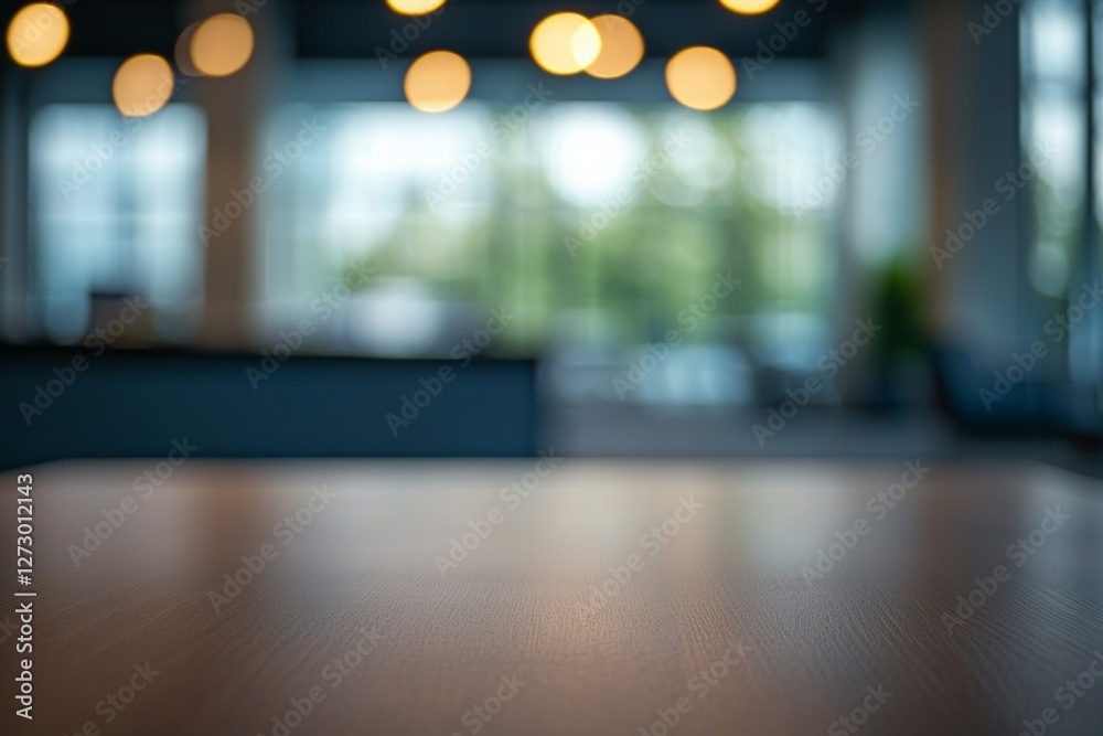 A close-up of an empty table in the foreground, with a blurry office background, blurred focus, and bokeh lights. 