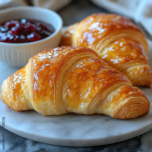 A traditional French croissant with golden, flaky layers and a side of butter and jam photo