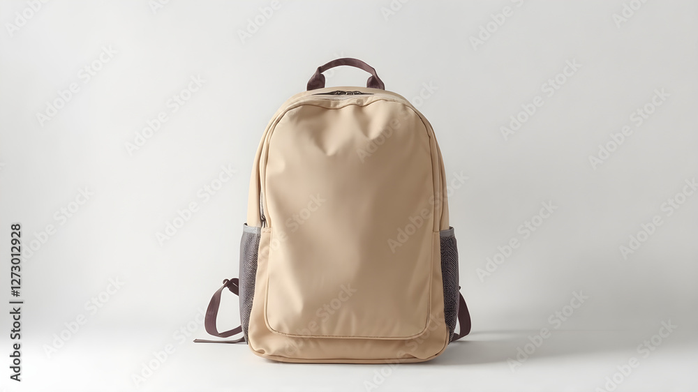 A stylish backpack mockup standing upright on a neutral background with soft shadows. The backpack is blank, allowing space for custom logos, patches, or artwork.