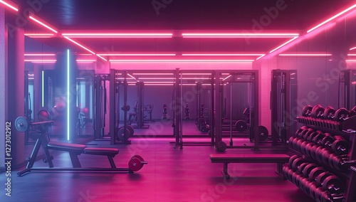 Neon Pink Gym Interior, Modern Fitness Center photo