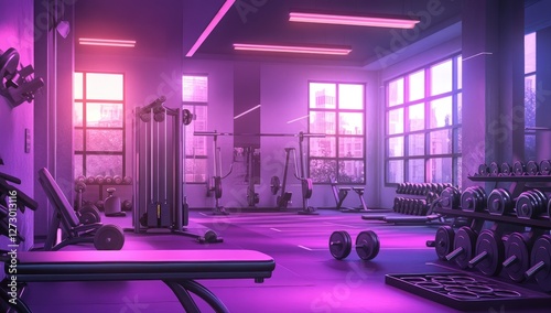 Modern gym interior with vibrant lighting, city view photo