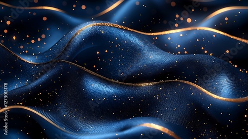 Abstract dark blue fabric with gold lines and shimmering particles