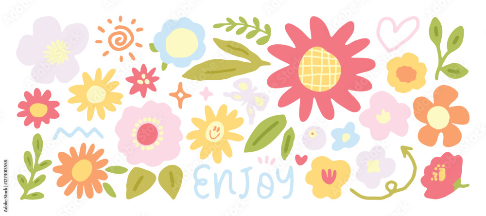 custom made wallpaper toronto digitalSet of cute flower spring and summer element vector. Hand drawn collection of tulip, leaves, sunflower on white background. Design for sticker, comic, print, decoration.