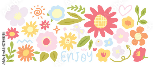 Wallpaper Mural Set of cute flower spring and summer element vector. Hand drawn collection of tulip, leaves, sunflower on white background. Design for sticker, comic, print, decoration.  Torontodigital.ca