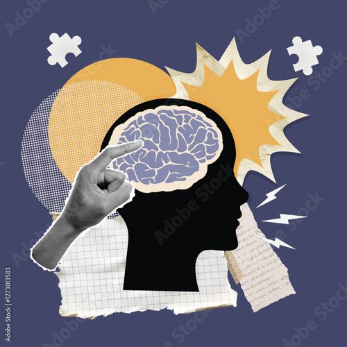 Artistic hand pointing at a human brain silhouette to symbolize knowledge and ideas, vector illustration