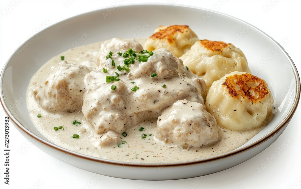 Hovering plate of Czech sv�?ková with creamy sauce and dumplings, isolated on a white background Hovering plate of Czech sv�?ková with creamy sauce and dumplings, isolated on a white background