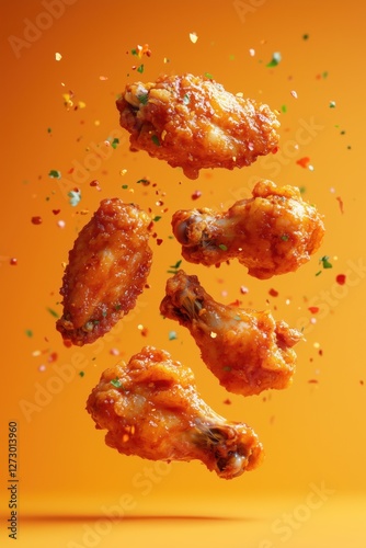fried chicken wings floating in the air, orange background