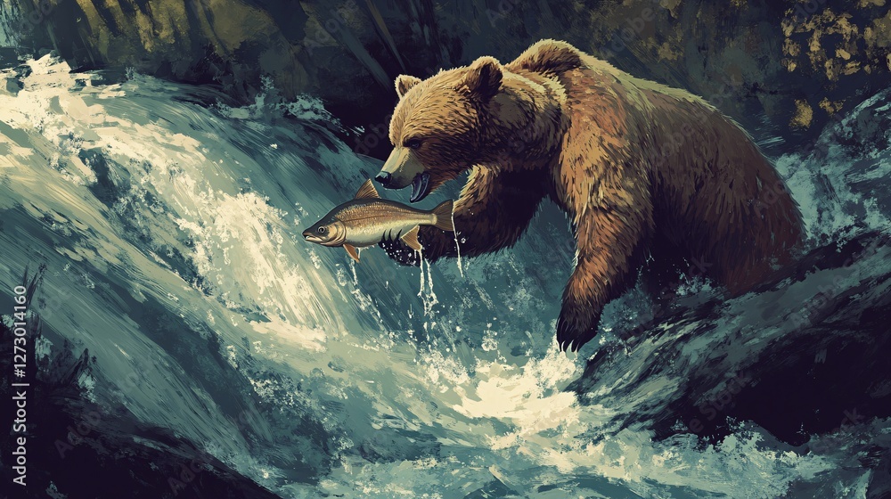 Majestic Bear Fishing in a Rushing River Surrounded by Lush Forest and Flowing Water, Capturing the Raw Beauty of Nature and Wildlife in a Serene Setting Majestic Bear Fishing in a Rushing River Surrounded by Lush Forest and Flowing Water, Capturing the Raw Beauty of Nature and Wildlife in a Serene Setting