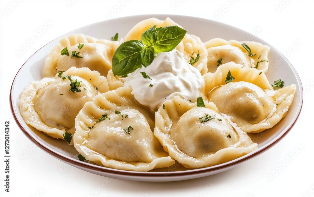 Hovering plate of Polish pierogi dumplings with sour cream, isolated on a white background Hovering plate of Polish pierogi dumplings with sour cream, isolated on a white background